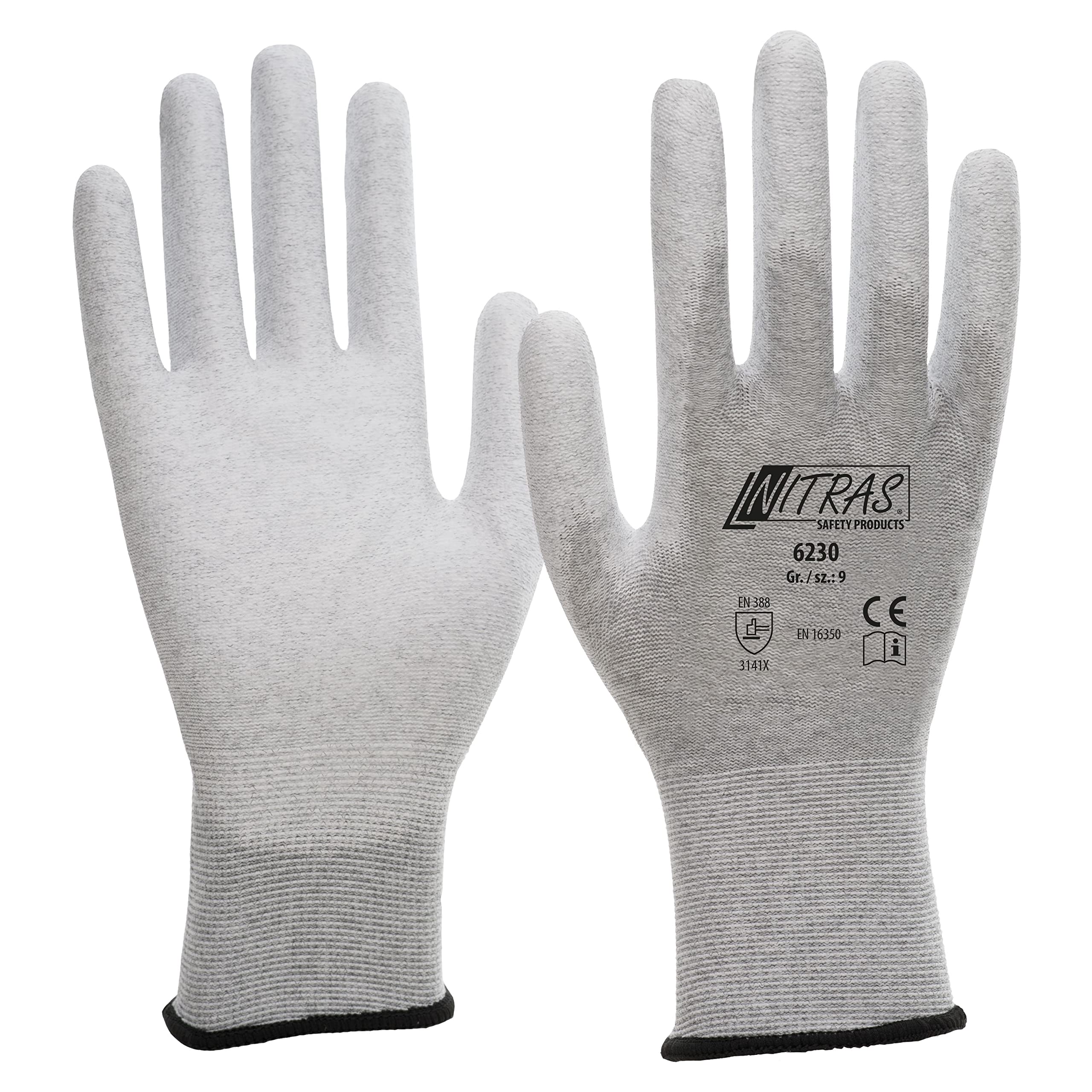 Nitras, Antistatic ESD Safe Gloves and Touchscreen-Compatible, Model 6230, Size 9 / XL (1 Pair - 2 Gloves), White