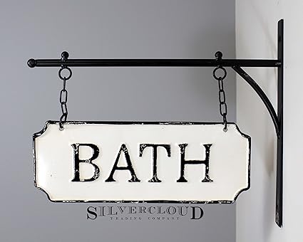 Rustic Hanging Double-Sided Bath Embossed Black on White Enamel Metal Sign