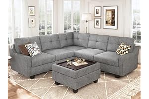 HONBAY Convertible Sectional Sofa, L Shaped Couch with Storage Ottoman, Reversible 4 Seat Corner Sofa for Small Apartment,Light Grey
