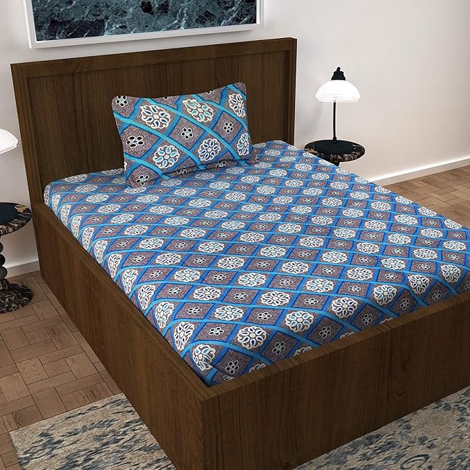 Sweet Home Single Bed Sheet with 1 Pillow Cover (Cotton) (Blue) (AMZS