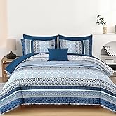Boho Comforter Set Queen Size,8 Pieces Navy Blue Bohemian Striped Bed in a Bag,Paisley Soft Microfiber Bedding Comforter Set
