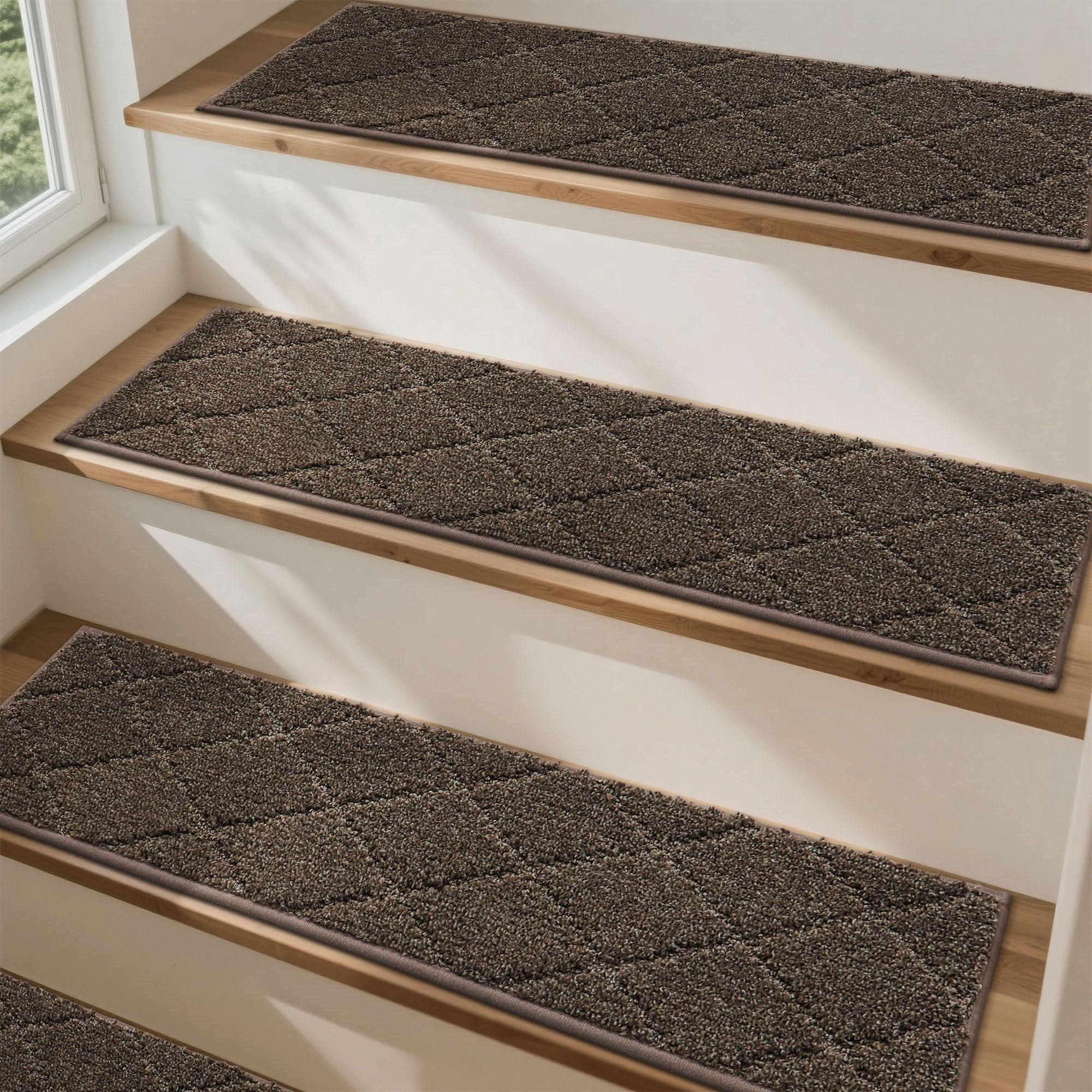 COSY HOMEER 4 pcs Full Edge Wrapping Stair Treads,70x22 CM Non-Slip Carpet Mat for Indoor Stairs, Single Color Polyester Stair Tread Runners Pads for Wooden Steps, Friendly to Kids Pets Elders,Brown