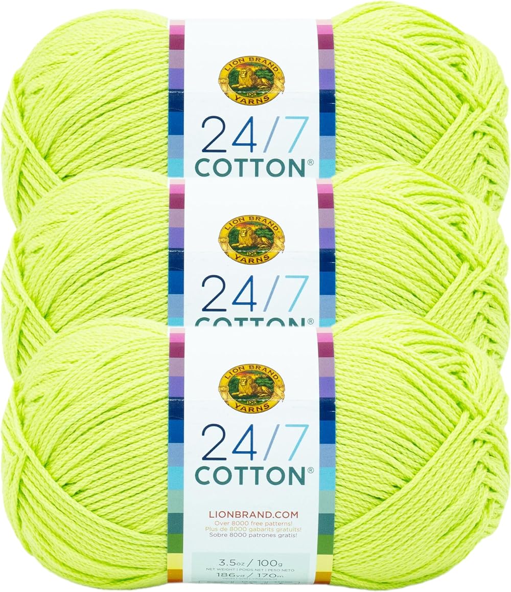 Lion Brand 24/7 Cotton Yarn Lime 3 Pack 3.5 oz 186 yd Worsted Weight