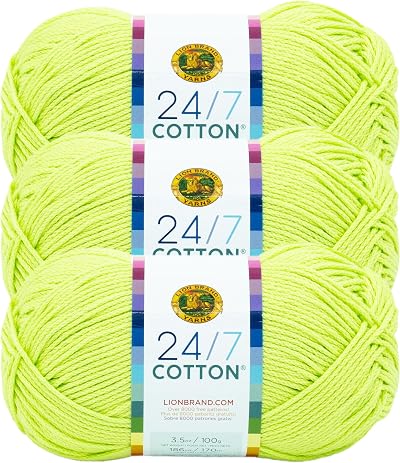 Lion Brand 24/7 Cotton Yarn Lime 3 Pack 3.5 oz 186 yd Worsted Weight