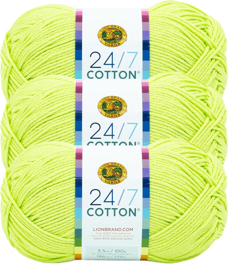 Lion Brand 24/7 Cotton Yarn Lime 3 Pack 3.5 oz 186 yd Worsted Weight