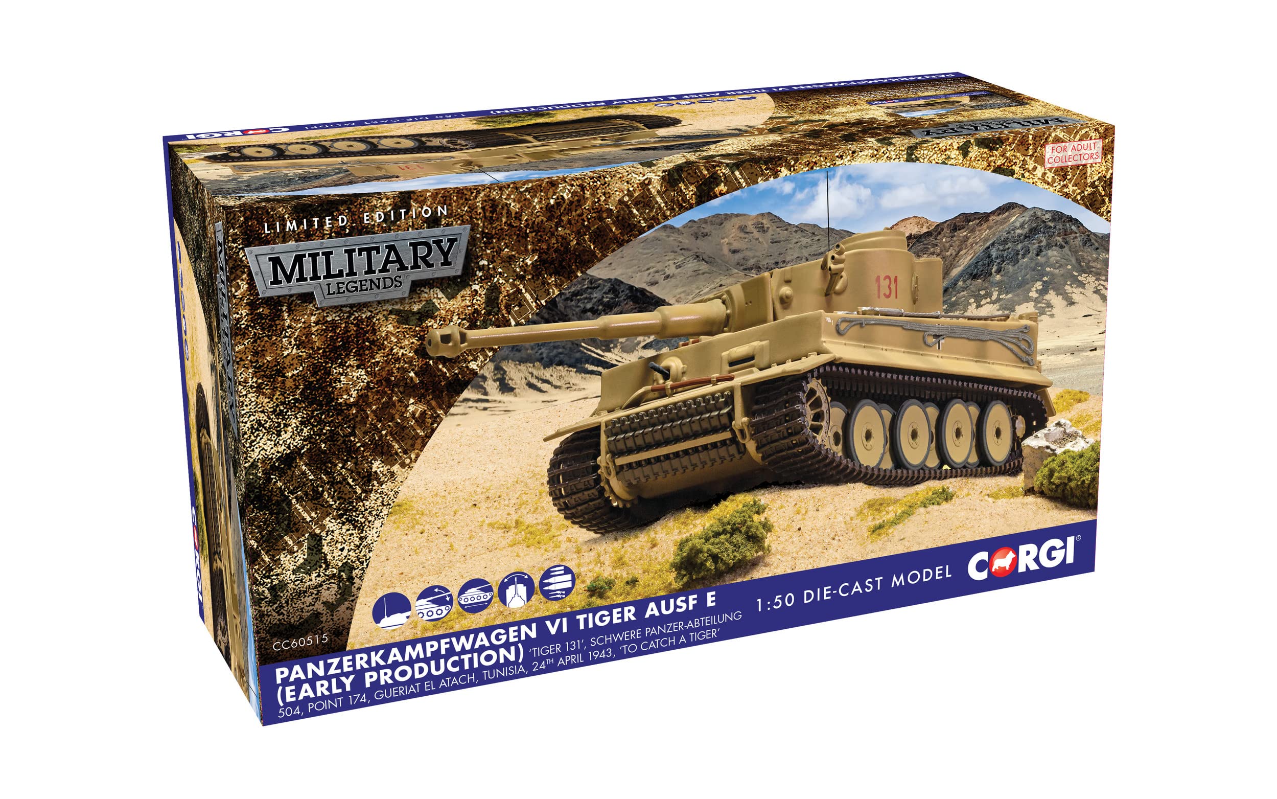 Corgi Diecast Tank - CC60515 Panzerkampfwagen VI Tiger Ausf E - Tiger 131 - German Military Metal Tank Toy Detailed Armored Vehicle - Die Cast World War II Models for Adults, Brown