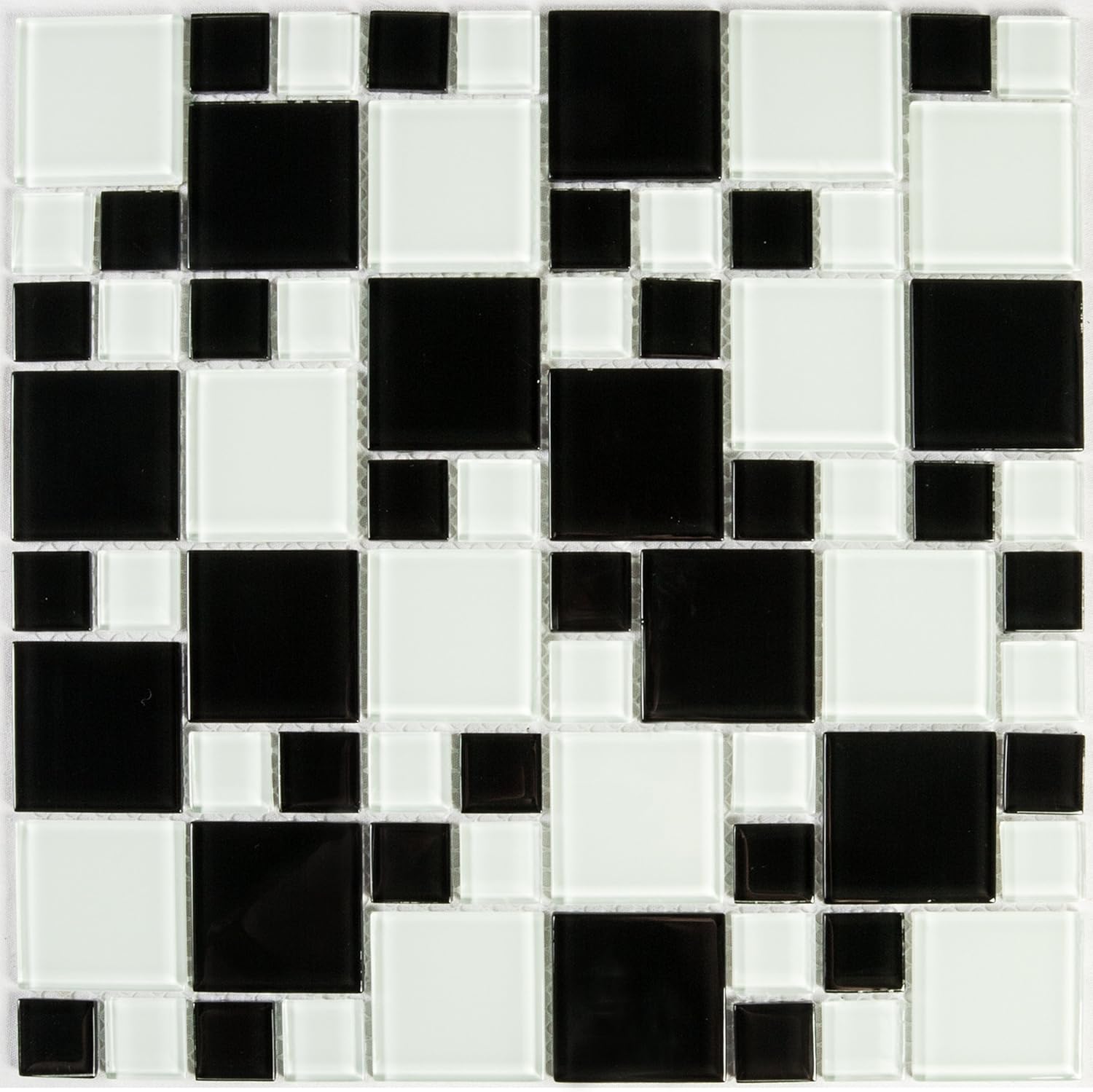30cm x 30cm Plain Black & White Modular Mix Glass Mosaic Tiles Sheet