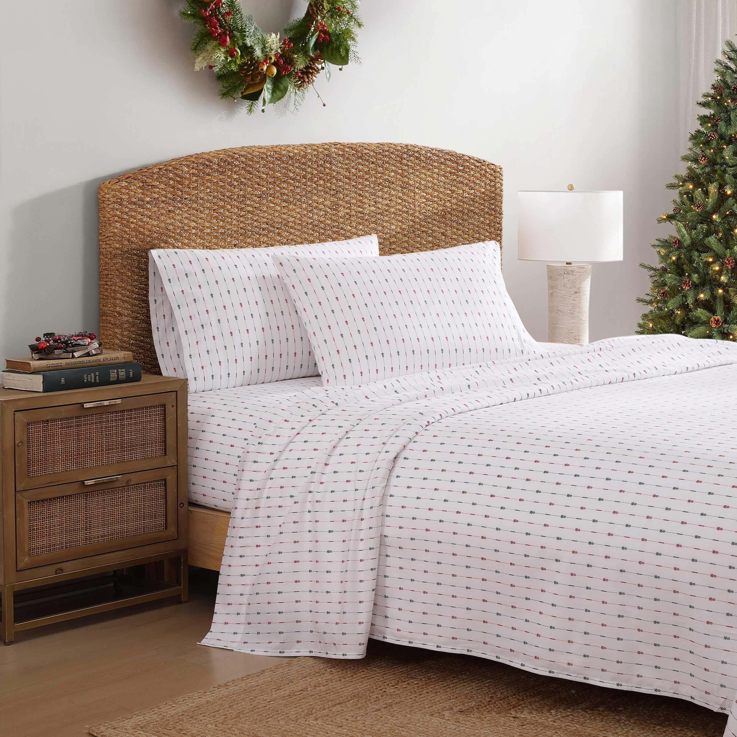 Tommy Bahama - King Size Sheet Set, Crisp & Cool Cotton Percale Bedding with a Smooth Lightweight Feel, 4 Piece Holiday Bed Sheets with Matching Pillowcases (Pineapple Pinstripe Red) Image