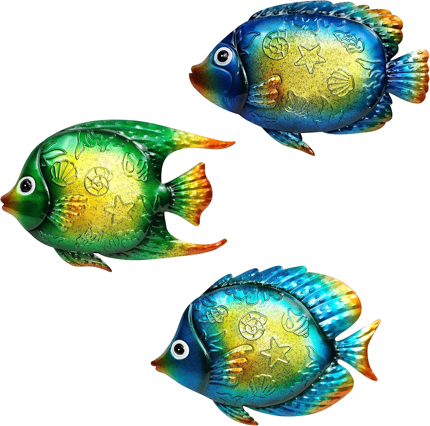 Plaques & Wall Art - Metal Fish Wall Decor 3 Pcs Tropical Fish Sculpture Ocean Metal Fish Wall Art Hanging Wall Nautical Theme Decoration for Indoor Outdoor,Bathroom Living Room Patio Pool Yard Fence Wall Decorations