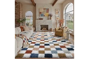 PureCozy Checkered Rug 8x10 for Living Room, Modern Rainbow Shag Rug Washable Non-Slip Large Area Rug Super Soft Indoor Fuzzy Carpet Fluffy Rugs for Bedroom Home Aesthetic Decor