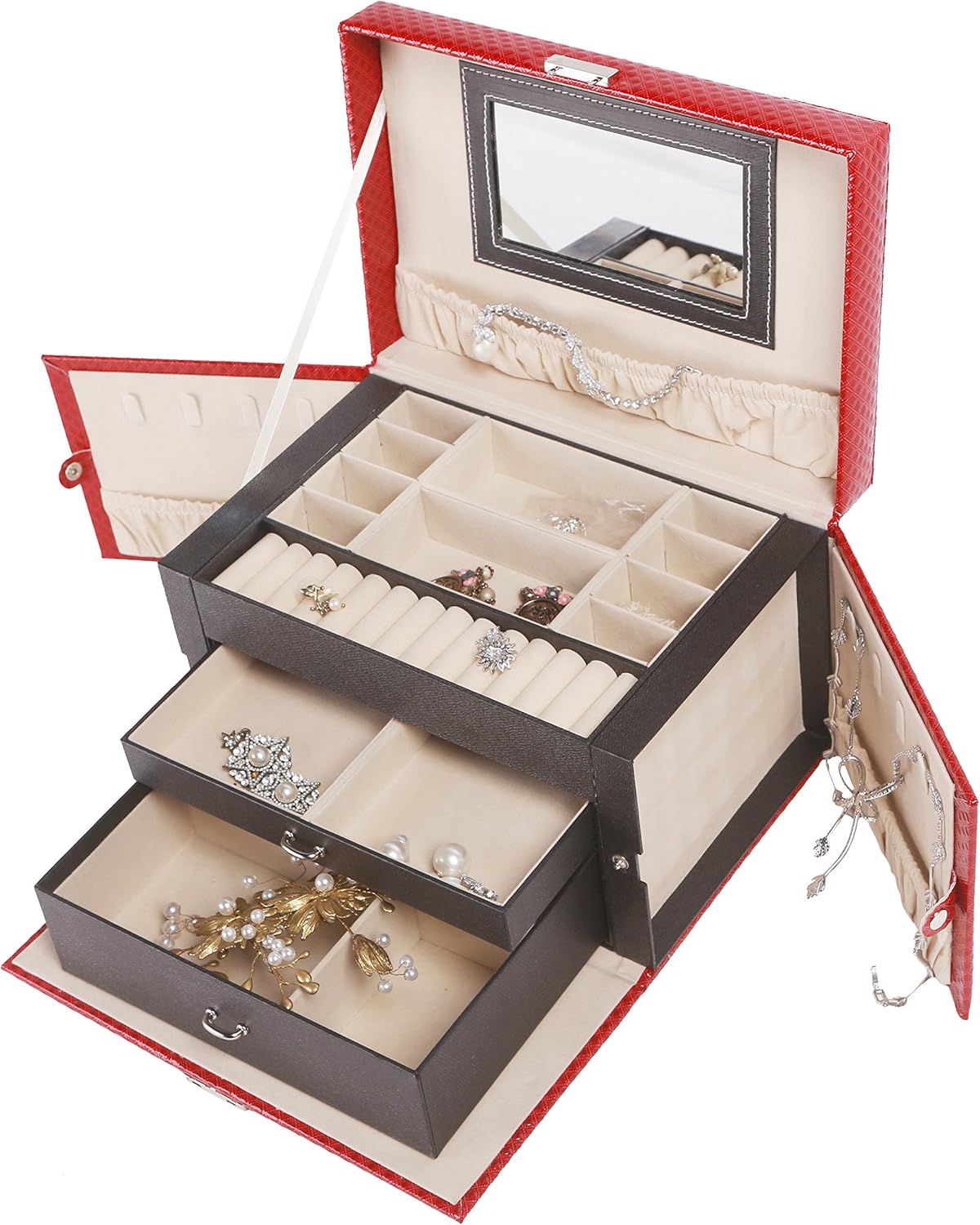 Amelitory 3 Layers Jewelry Box Organizer Jewelry Case Faux Leather Mirrored Crimson