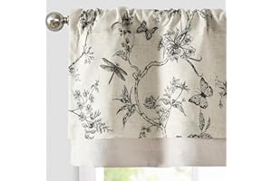 jinchan Floral Curtain Valance for Windows 16 Inch Linen Valance for Kitchen Living Room Rustic Cottage Farmhouse Flower Butterfly Curtain Rod Pocket 1 Panel Double Layer Blackout Black on Beige