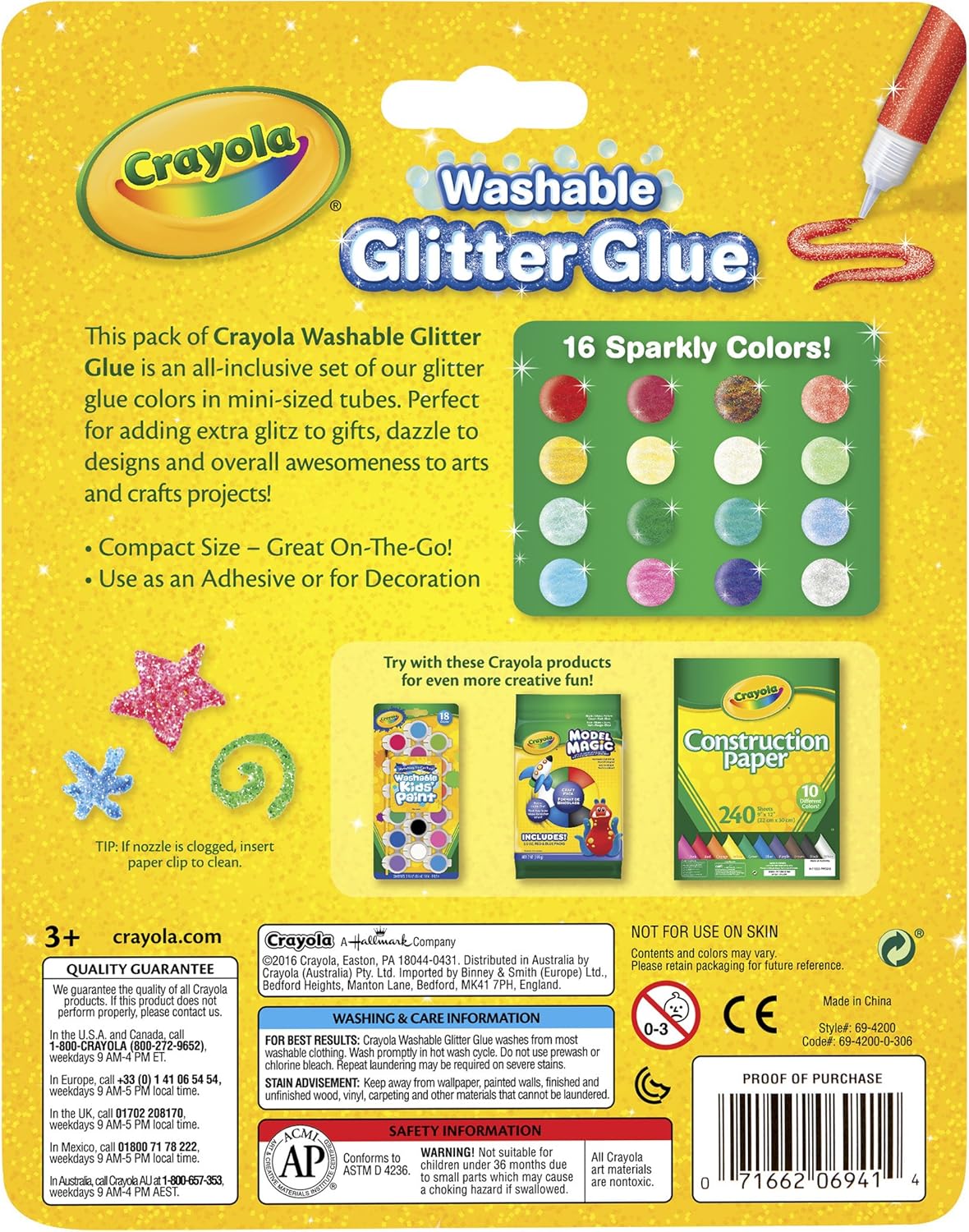 Crayola Washable Glitter Glue, Arts and Crafts Supplies, 16 Glitter Colors: Toys & Games