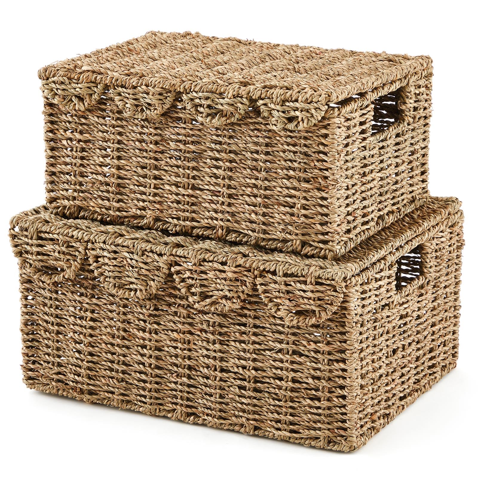Photo 1 of Boao 2 Pcs Scalloped Edge Wicker Basket Set with Lid and Built Large Wicker Baskets for Organizing Storage, Woven Handwoven Gift Baskets with Handles for Bedroom Living Room Bathroom(Seagrass)