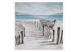 Yihui Arts Coastal Canvas Wall Art - Beach and Ocean Seaside Pathway Boat Nautical Square Artwork Painting for Modern Contemporary Decor