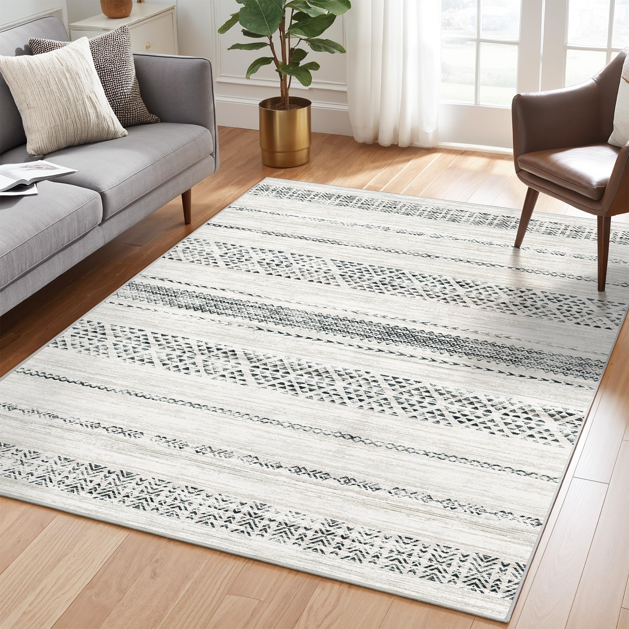 Photo 1 of Miukiki 4x6 Area Rug for Living Room Moroccan Washable Rugs Non Slip Indoor Floor Carpet Foldable Large Soft Area Rug for Dining Room Bedroom with Low Pile(Grey,4'x6')