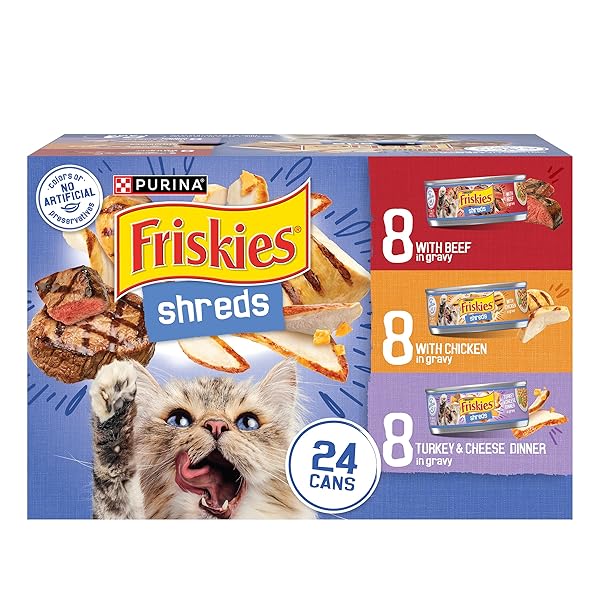 PURINA FRISKIES GRAVY WET CAT FOOD VARIETY PACK, SHREDS WITH BEEF, WITH CHICKEN, AND TURKEY AND CHEESE DINNER – (PACK OF 24) 5.5 OZ. CANS