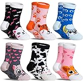 Kids Fuzzy Slipper Socks with Grips Children Boys Girls Toddlers Non Slip Warm Winter Cozy Fluffy Thermal Cute Socks 6 Pairs