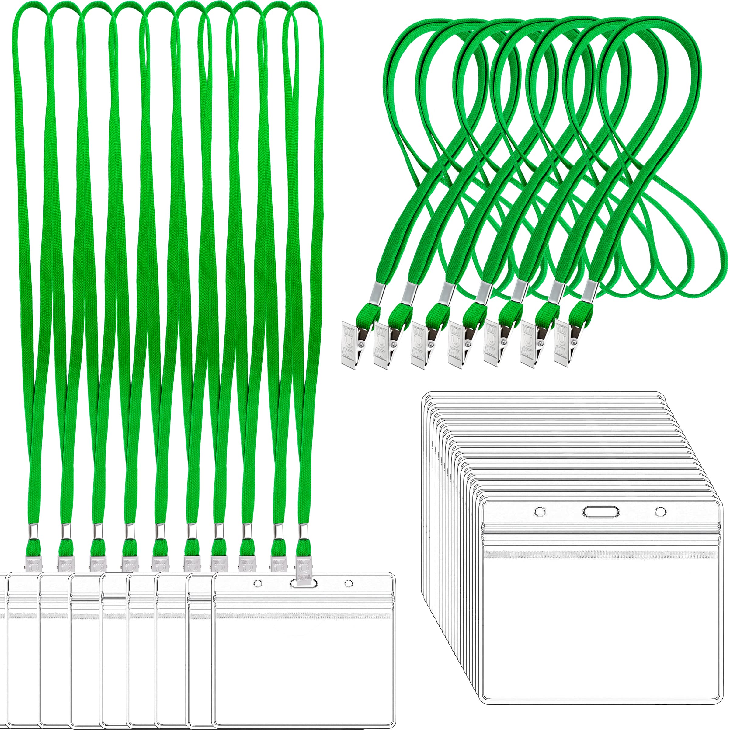 Photo 1 of 100Pcs Clear Plastic Horizontal Name Tags Badge ID Card Holders and 100Pcs Lanyards with with Clip lanyards for id Badges (Green)