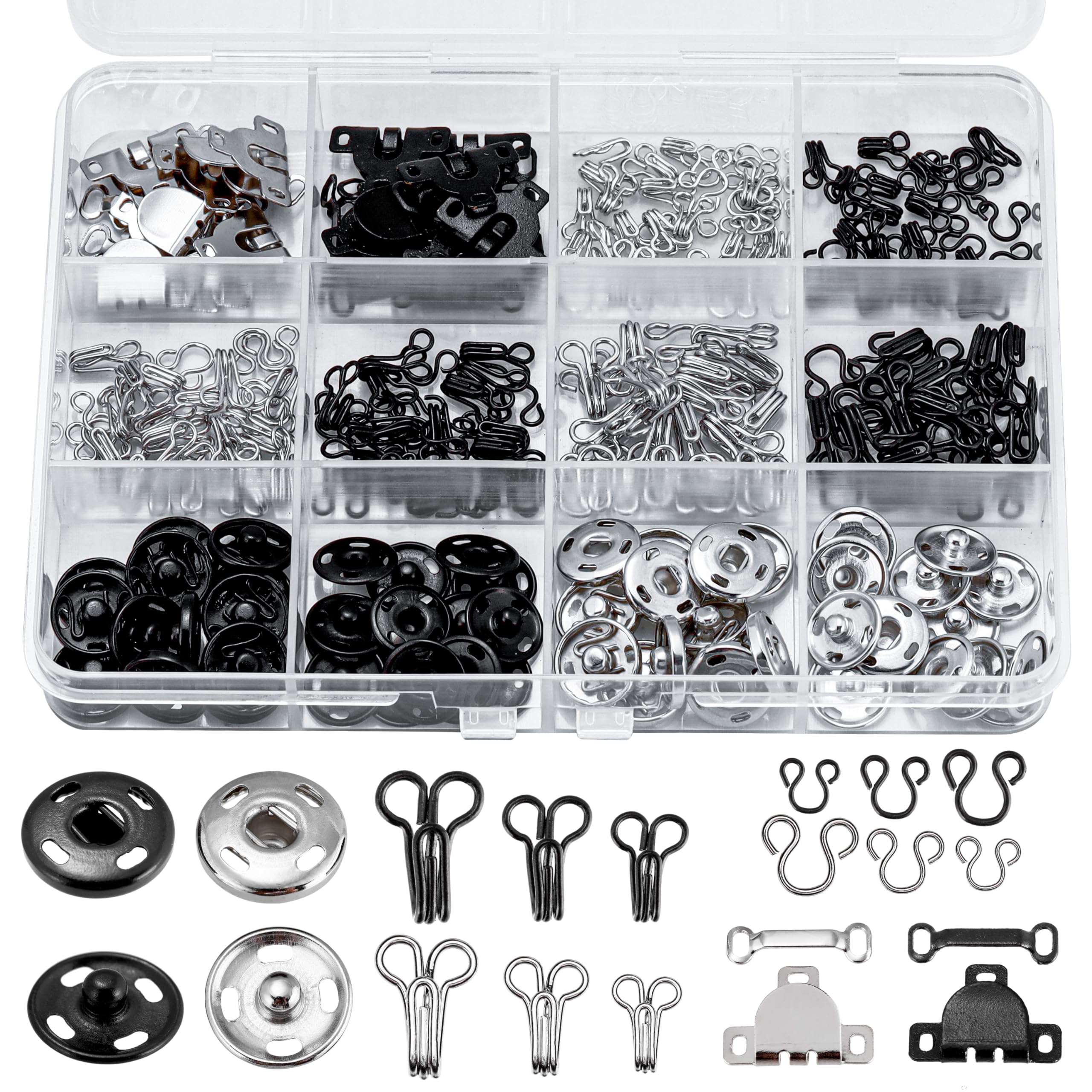 KOPOX 180PCS Hook and Eye Sewing Kit with Garment Buttons, Hook and Eye Closures, Fabric Snap Buttons, Garment Snap Buttons for Skirts Pants Dresses, Clothing and DIY Crafts