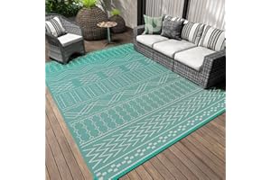 COCOER Outdoor Rug Carpet Waterproof 6x9 ft Patio Rug Mat Indoor Outdoor Area Rug for RV Camping Picnic Reversible Lightweight Plastic Straw Outside Rug for Patio Decor Decoration Boho Rug Turquoise White