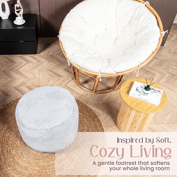 MUNIVO COZY PLUSH GREY POUF | LIVING ROOM OTTOMAN FOOTREST AT 20 X 15 INCHES | SOFT, NON-SHEDDING ROUND STOOL SOFA OTTOMAN WITH SUPPORTIVE FOAM FILLING | FOOT REST FOR COUCH