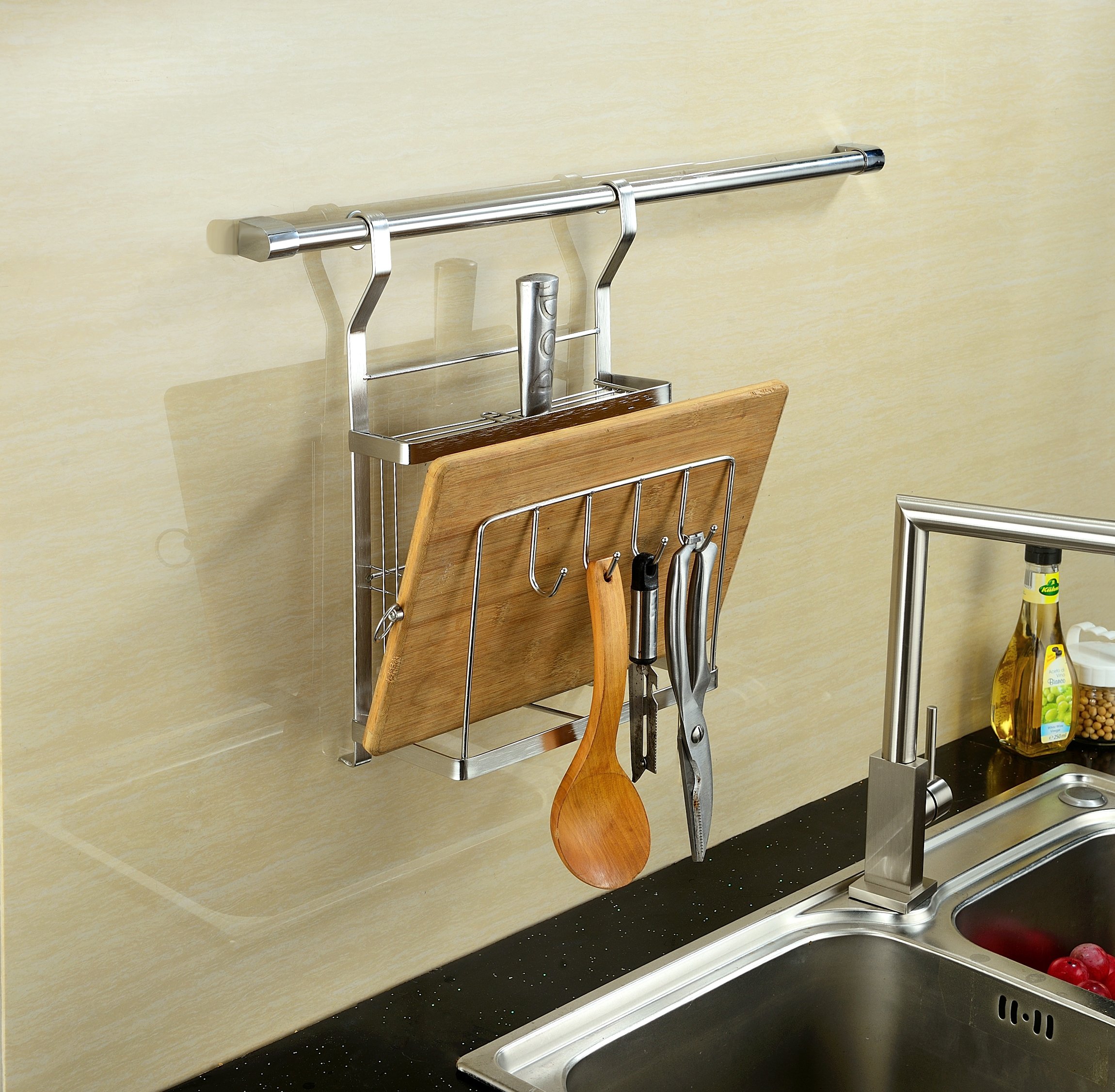 KuanGuang Kitchen Knife Holder Stainless Steel Wall Mounted Utensil Rack Organizer with 4 Hooks (Silver White)