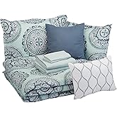 Amazon Basics 10-Piece Bed-in-a-Bag Comforter Set, Soft, Lightweight Microfiber, Full/Queen, Sea Foam Medallion