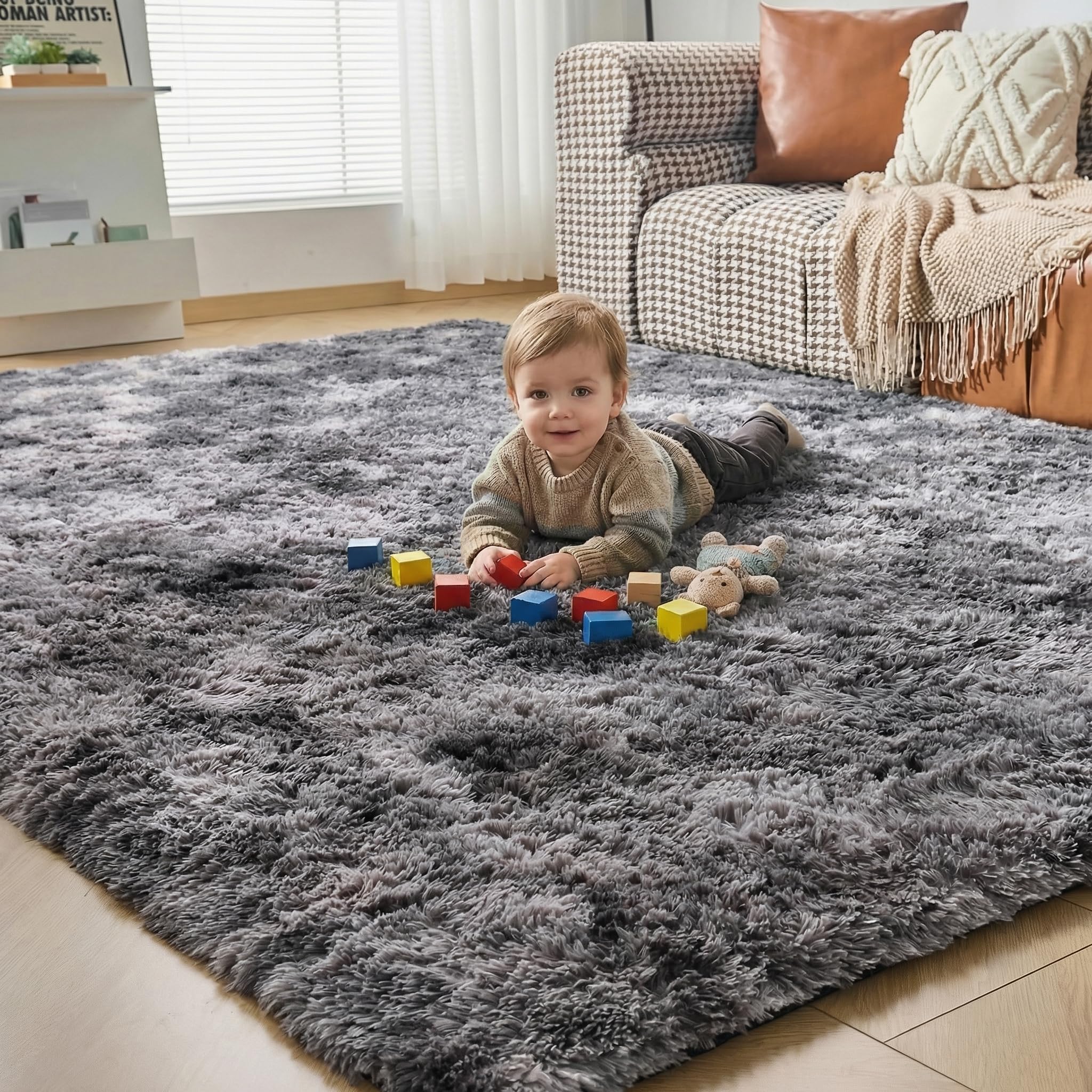 CHOSHOME Fluffy Shaggy Rugs Living Room - Non Slip Soft Plush Modern Floor Carpet - Non Shedding Thick Pile Area Rug for Bedroom, Nursery, Lounge, Kids Room - Tie-dye Dark Grey, 90x150 cm — image 1