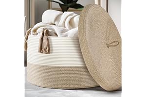 Noonkty Blanket Basket with Lid, Rope Baskets for Storage, Large Woven Basket 21.7"X21.7"X13.8" Toy Basket for Baby, Blanket Storage for Living Room Bedroom Laundry