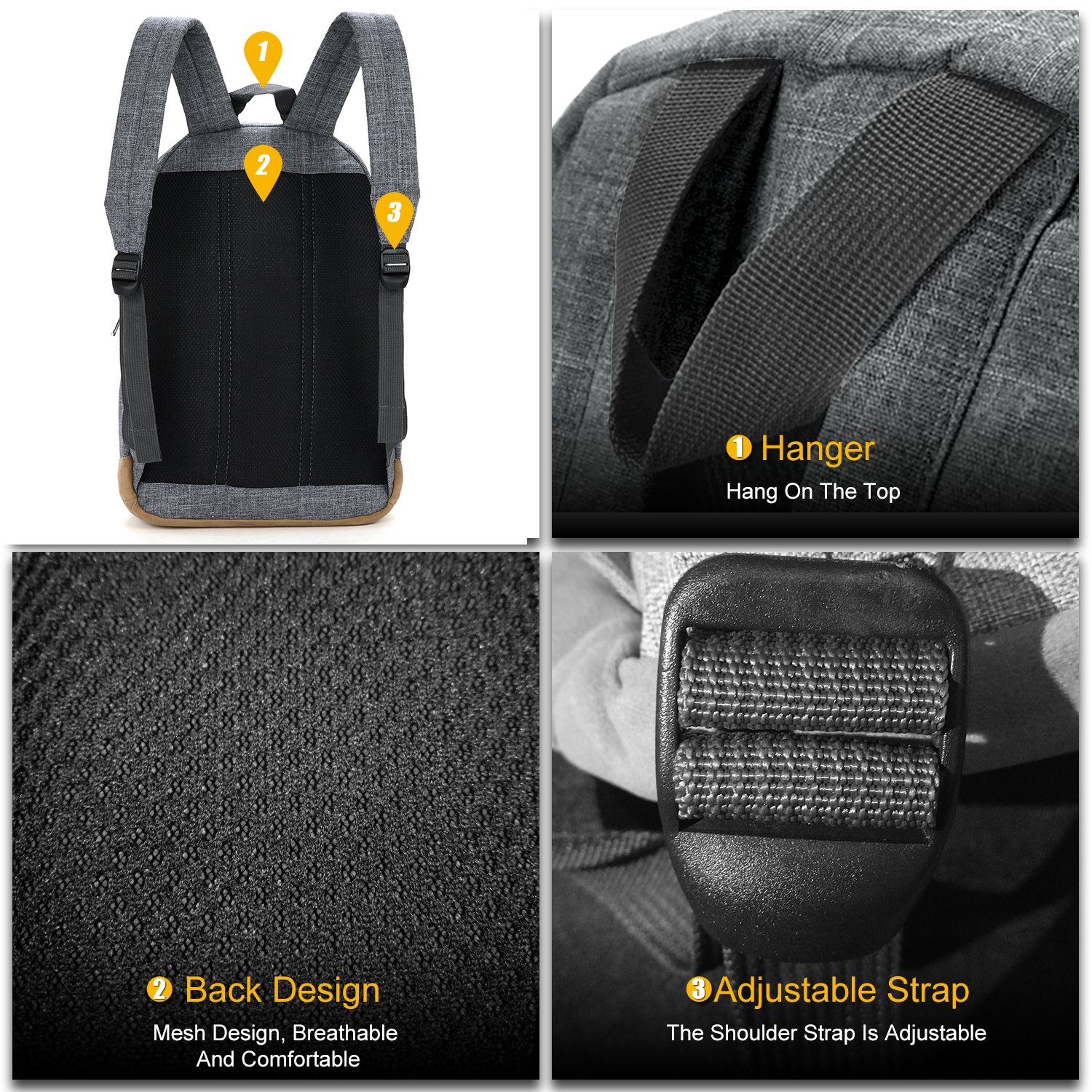 Tinyat College Bookbag Laptop Backpack Stylish School Bag Hiking Daypack Rucksack T101, Grey