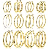 12 Pairs Gold Hoop Earrings Set for Women, Lightweight Big/Large Hoop Earrings Multipack, Hypoallergenic Gold Hoops Earrings 