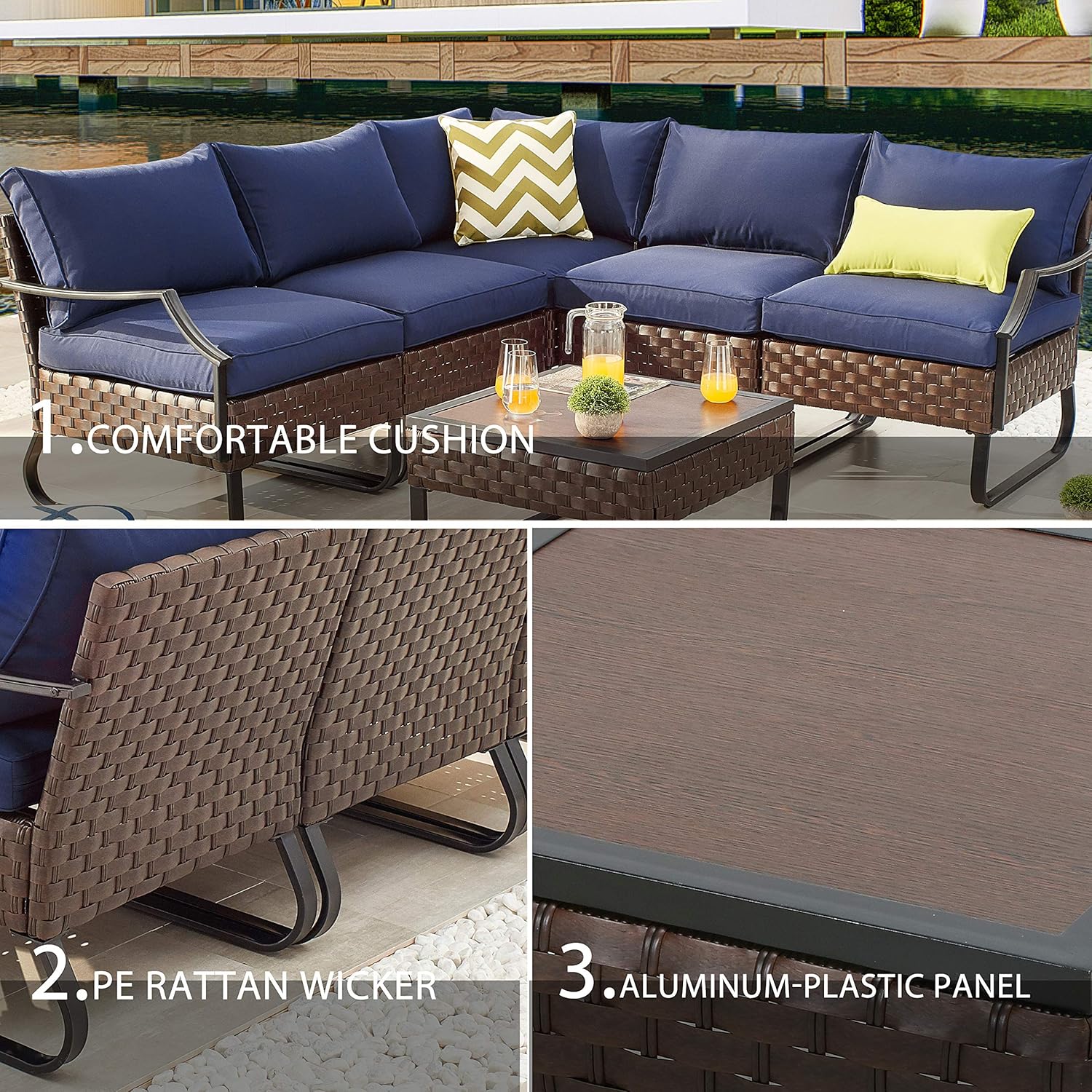 LOKATSE HOME Sectional Conversation Sofa 6 Pcs Outdoor Patio Rattan Furniture Set All-Weather Wicker Metal Frame Chairs with Cushion & Coffee Table, Blue: Garden & Outdoor
