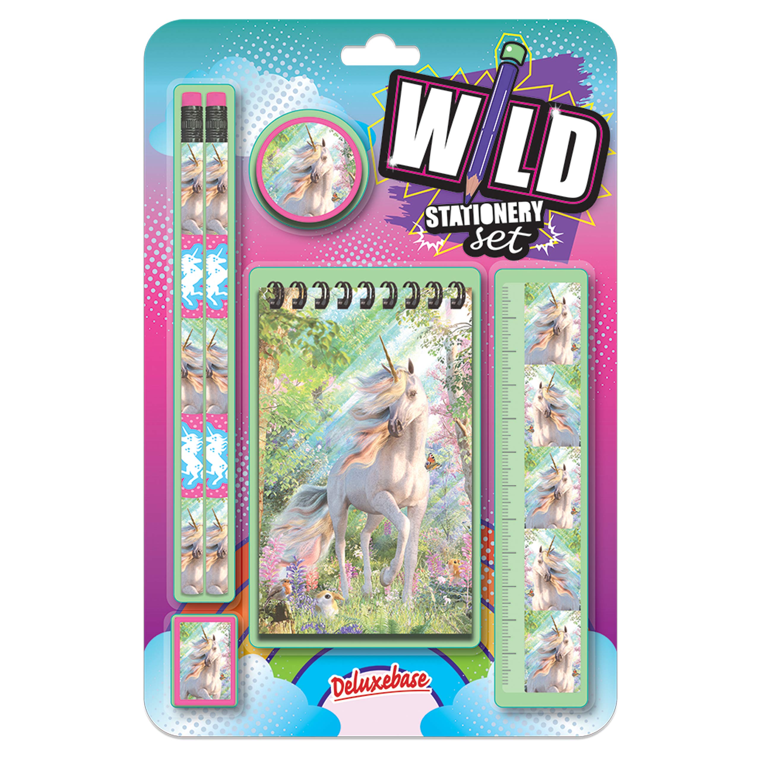 Deluxebase Wild Stationery Set – Unicorn, 6 Piece School Supplies Set including Notebook, 2 Pencils, Ruler, Pencil Eraser and Sharpener, Fun Animal Stationery Gifts for Kids and Students.