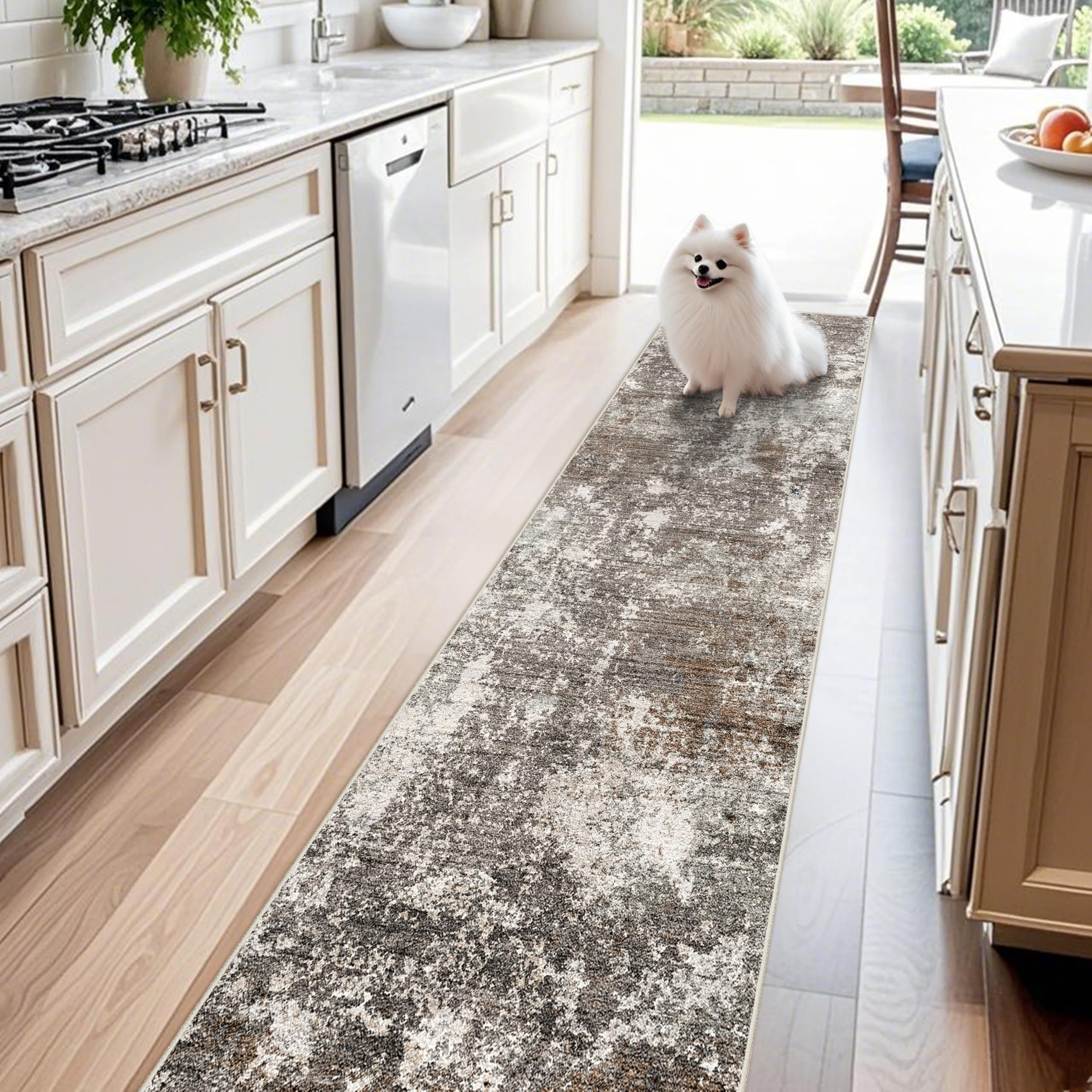 Photo 1 of 2x10 Washable Hallway Runner Rug – Non-Slip Stain-Resistant Low-Pile Long Carpet Runner for Kitchen Entryway Living Room Bedroom Bathroom, Modern Abstract Neutral (Brown Beige,2x10)