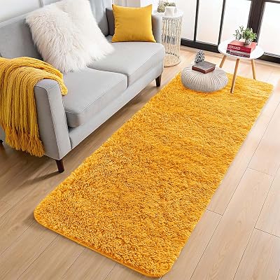 Aspire Homeware Fluffy Rug Ochre 80 x 300 cm Large Plush Shaggy Carpet