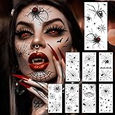 COKTAK 8 Sheets Large 3D Spider Web Temporary Tattoos Halloween Makeup Kit For Women Adults Realistic Witch Bat Zombie Fake Face Tattoos Sticker For Kids Men Adults Scary Halloween Decals Spiderweb