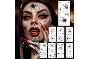 COKTAK 8 Sheets Large 3D Spider Web Temporary Tattoos Halloween Makeup Kit For Women Adults Realistic Witch Bat Zombie Fake Face Tattoos Sticker For Kids Men Adults Scary Halloween Decals Spiderweb