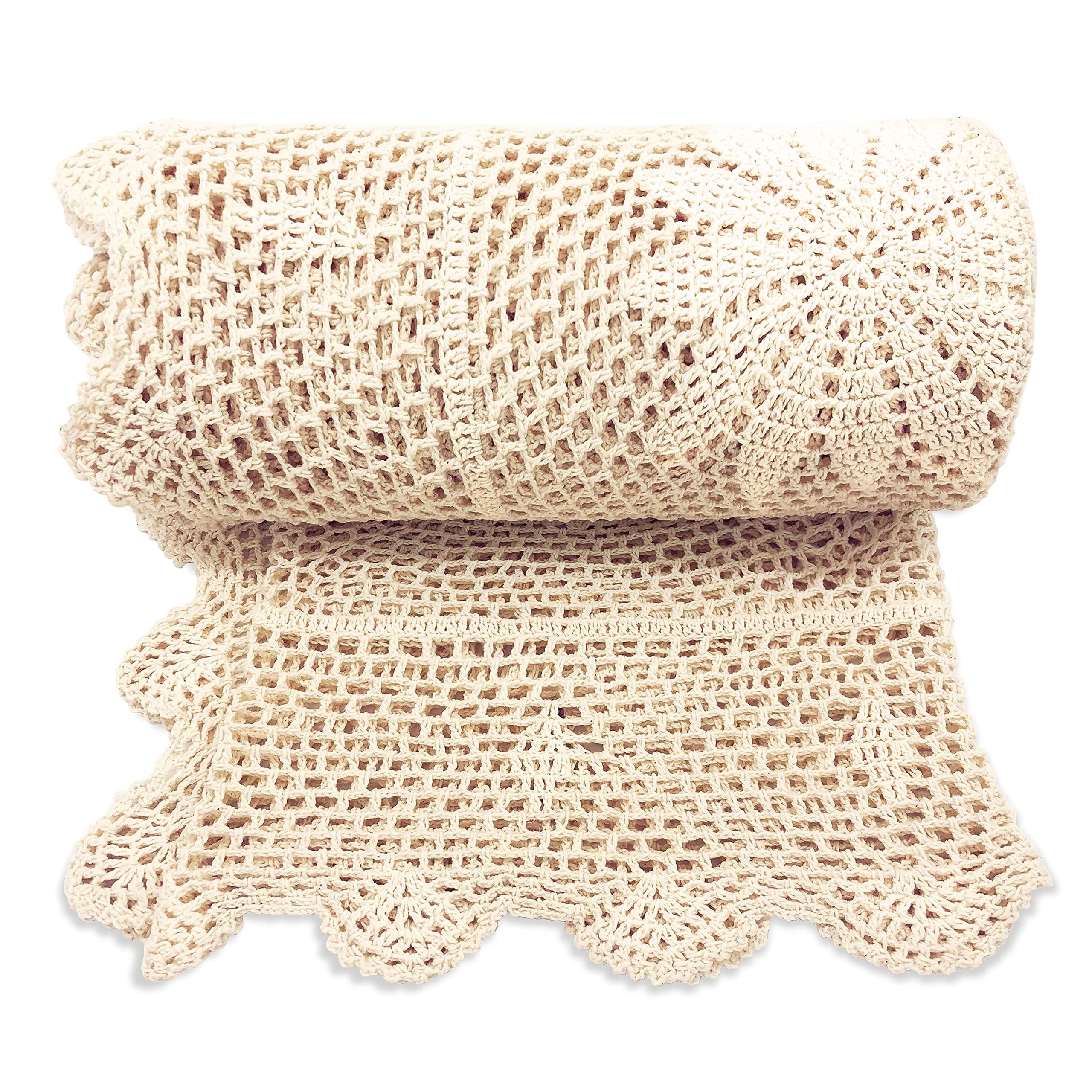 Zenviro Boho Throw Blanket - Beige, Cream Crochet Blankets - Hand Knitted Blanket - Couch Sofa Bed Blanket (125x150cm)