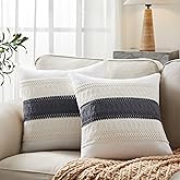 YZJZEDS Soft Cotton Boho Throw Pillow Covers Set of 2, Natural White/Contrast Charcoal 18x18 Inch, Grey Farmhouse Decorative Cushion Covers for Sofa Bed Living Room Home Decor