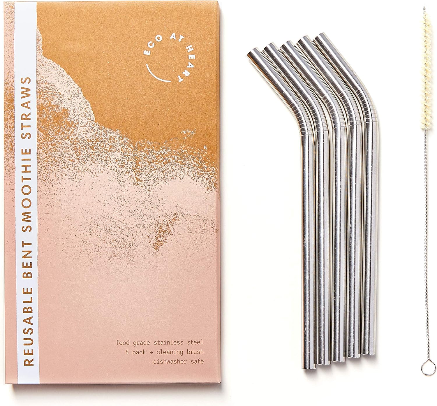 Metal Straws - Eco at Heart Stainless Steel Reusable BENT Smoothie Straws – Extra Wide & Curved Straw For Smoothies & Thick Shakes - Cleaning Brush Included. 8.5in Length 0.37in Diameter