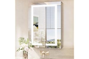 TokeShimi 24x32 Anti-Fog Led Medicine Cabinet Mirrored for Bathroom Surface or Recessed, Medicine Cabinet Mirror with Lights 3 Color Dimmable and Sockets, 2-Side Mirror with Storage UL Listed