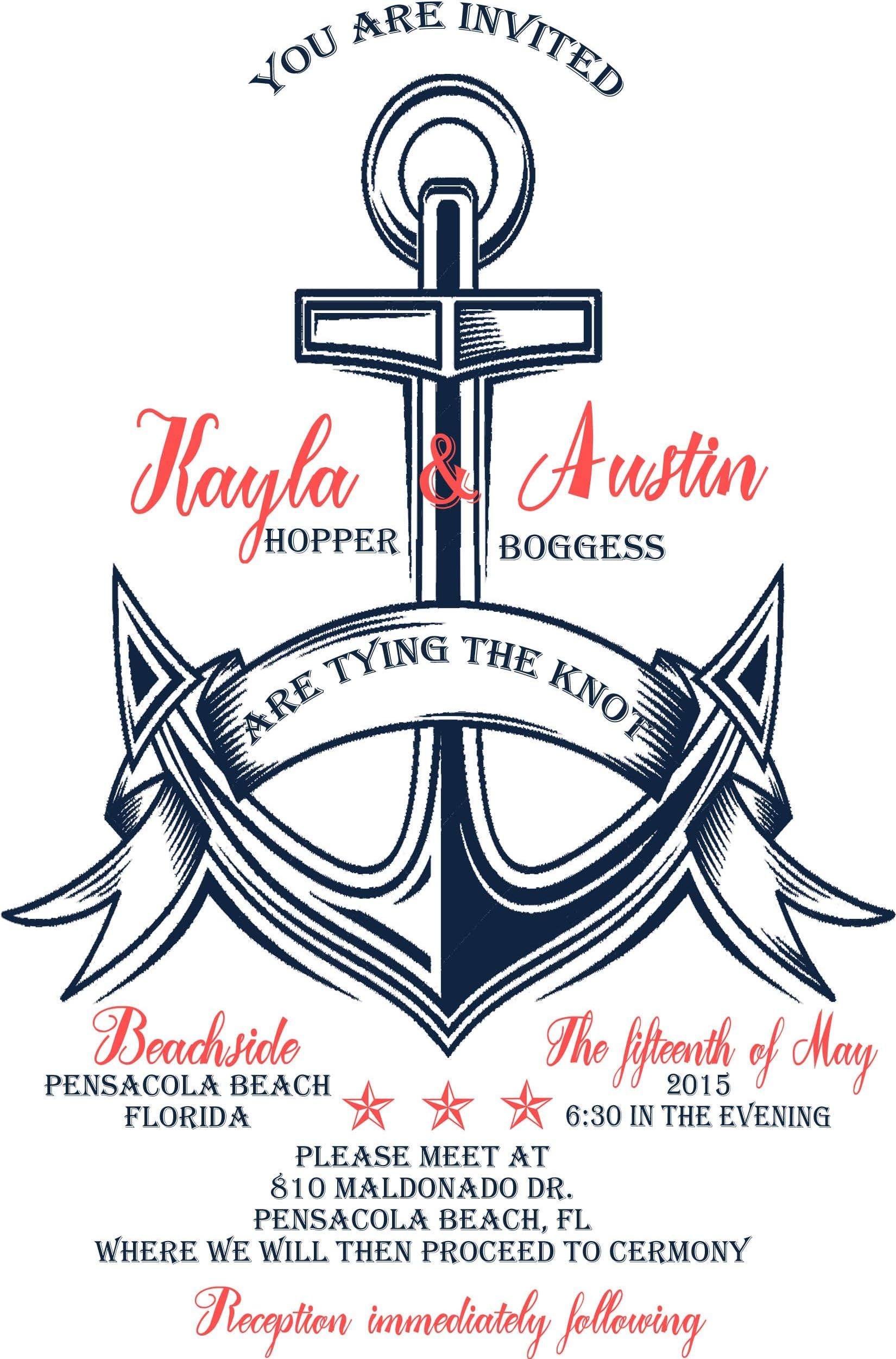 Wedding Invitation cards/Custom invitations/Wedding invites/Anchor/Navy blue and coral/Sold in sets of 10