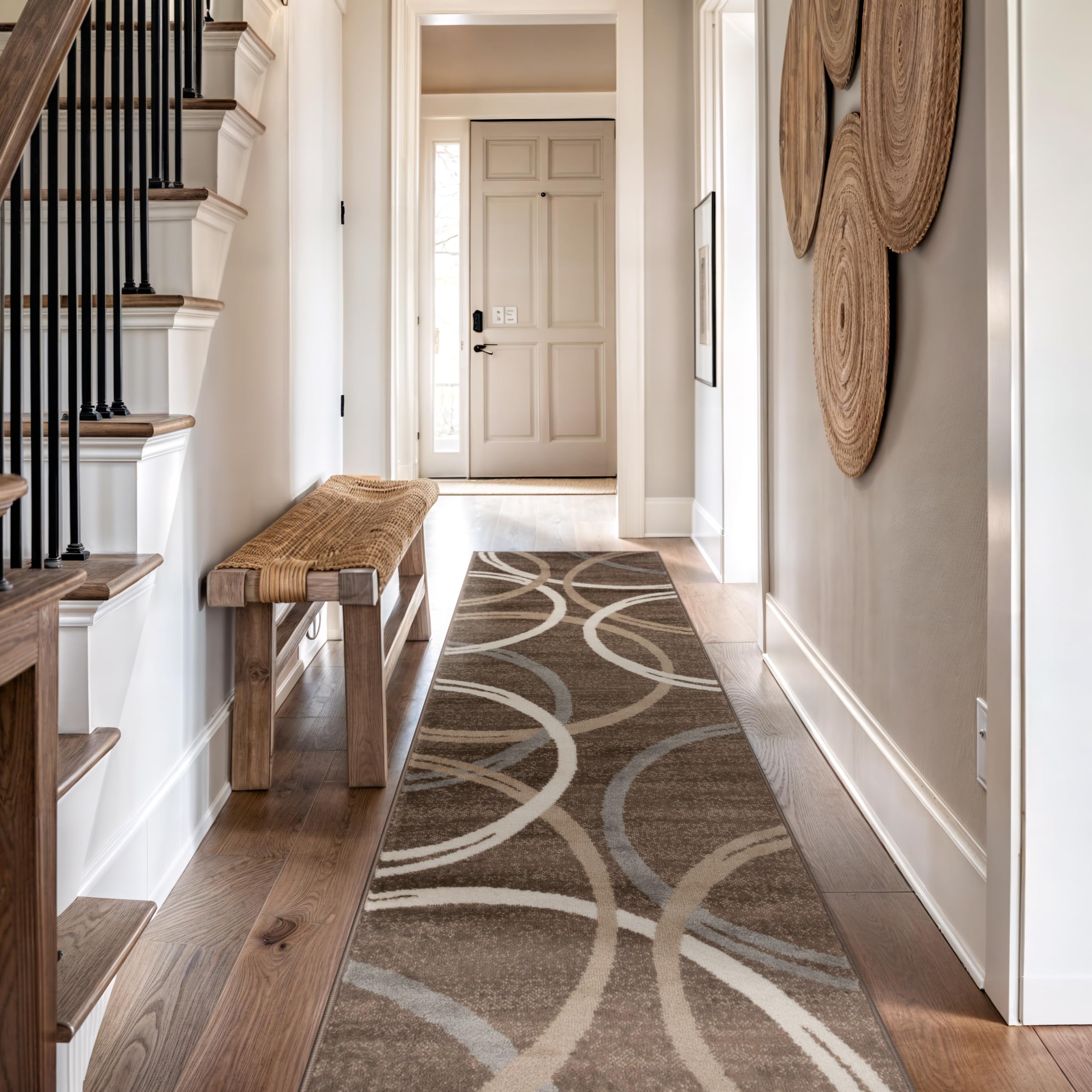 Rugshop Modern Wavy Circles Design Runner Rug, Carpet with Jute Backing for Hallway, Entryway, or Kitchen, Brown, 2'7" x 12' Image