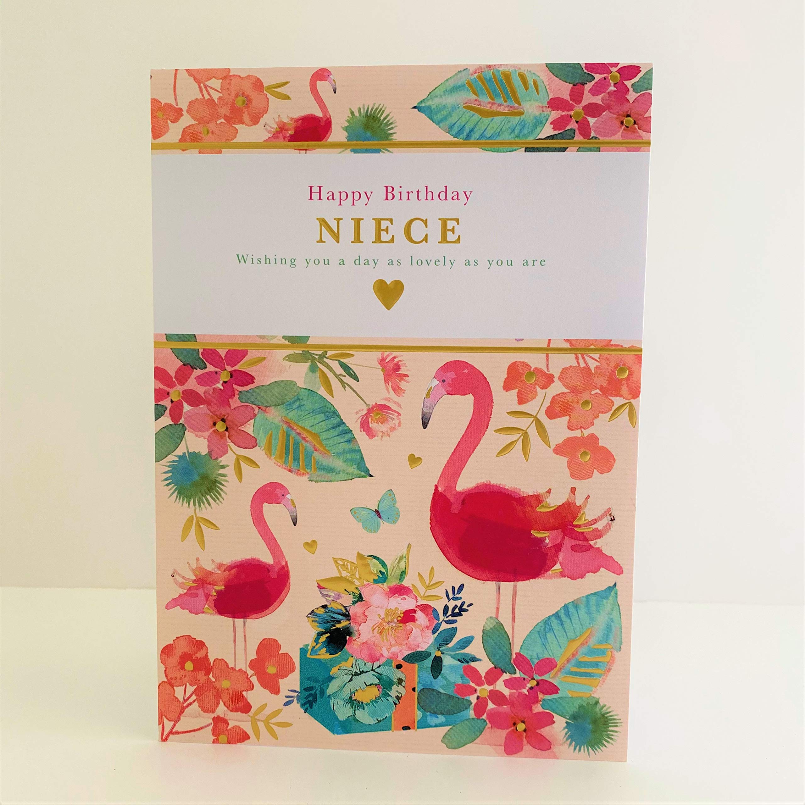 Stunning Artistic Female Birthday Card From the Thoughts of You Range - Niece - Watercolour Flamingos and Flowers with a Pretty Foil Finish - Greeting Card For Her (WW-K291)
