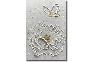 Boiee Art,24x36Inch Hand Painted Creamy Textured Wall Art Elegant Floral Wall Decor Art Minimalist Butterfly Artwork White and Gold Flower Oil Painting for Home Office