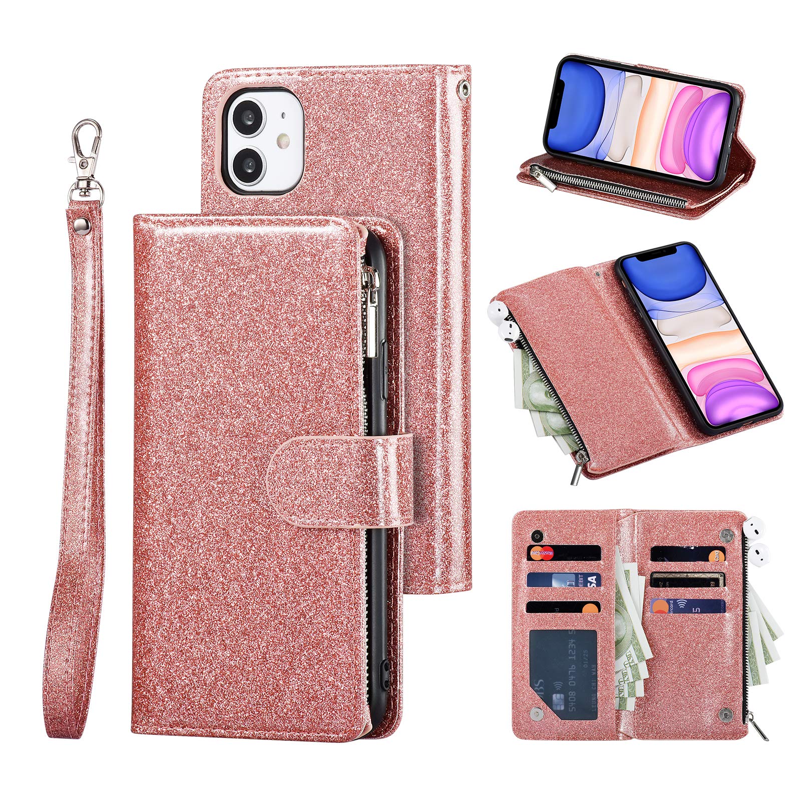 UEEBAI Wallet Case for iPhone 11 6.1 inch, Premium Glitter PU Leather Case Magnetic Closure Bling Handbag Zipper Pocket Case Kickstand Card Holder Slots Shockproof Flip Cover for iPhone 11 - Rose Gold