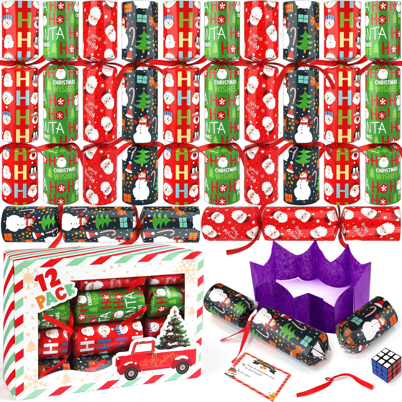 Photo 1 of 12 Pack Christmas No-Snap Party Table Favors, Christmas Themed Holiday Supplies with Party Hat, Joke & Little Gift Inside for Kids and Adults, Xmas Gift, Holiday Party Supplies for Dinner Tables