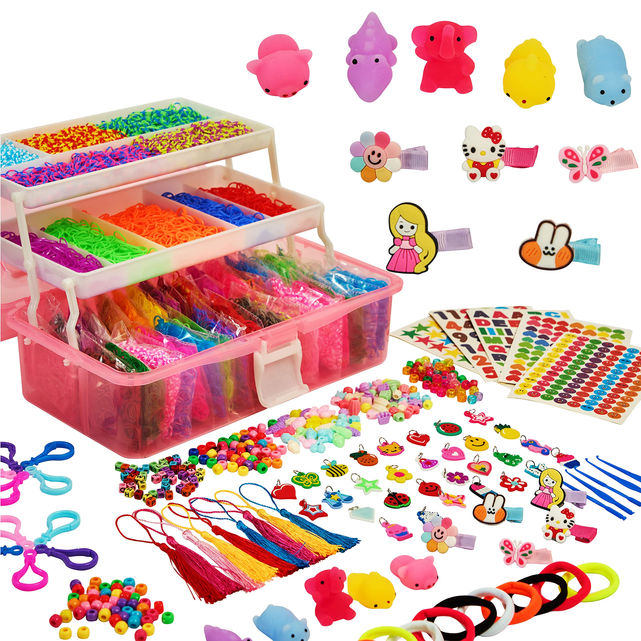 XYTLAX 16800+ Loom Bands Kit with 3 Layer Container, 35 Colors, 500 S-Clips, 300 Beads, 30 Charms, 10 Zipper Hooks, Rubber Bands Bracelet kit, Loom Bracelet Making Kit Creativity Birthday Kits (Pink)