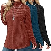 Ficerd 3 Pack Women's Plus Size Turtleneck Sweater Tunics, Long Sleeve Thumbhole Ribbed Tops Curved Hem Loose Pullover Shirts